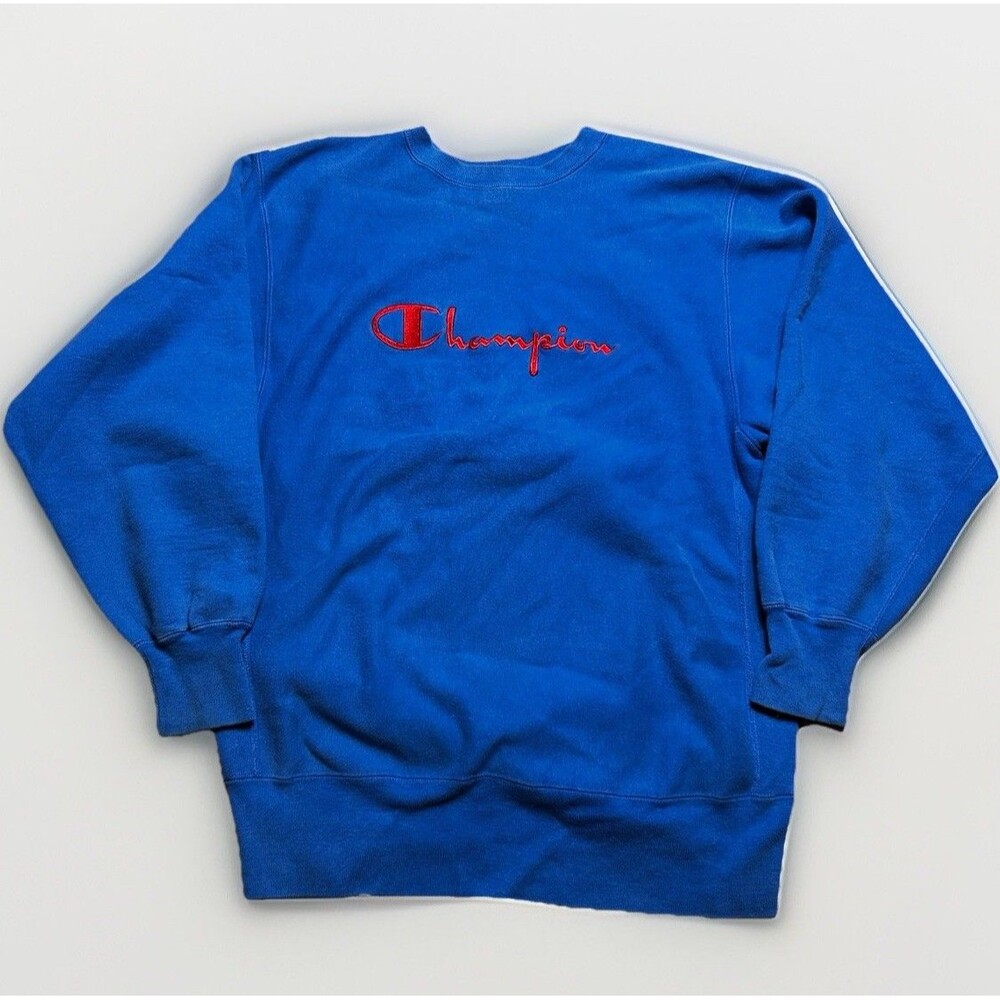 Vintage Champion Spell Out Reverse Weave Sweatshirt Crewneck Size XL Blue 90s